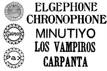Marcas españolas de Gaumont (1905-1919): nos. 11797 (Elgé), 13344 (Elgephone y Chronophone), 14762 (Gaumont), 21736 (Minutiyo), 28491 (Los Vampiros), 34470 (Carpanta), 36759 (Pax)